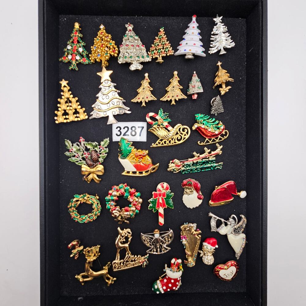 VINTAGE CHRISTMAS TREE BROOCH PIN LOT RHINESTONE HOLIDAY JEWELRY SIGNED